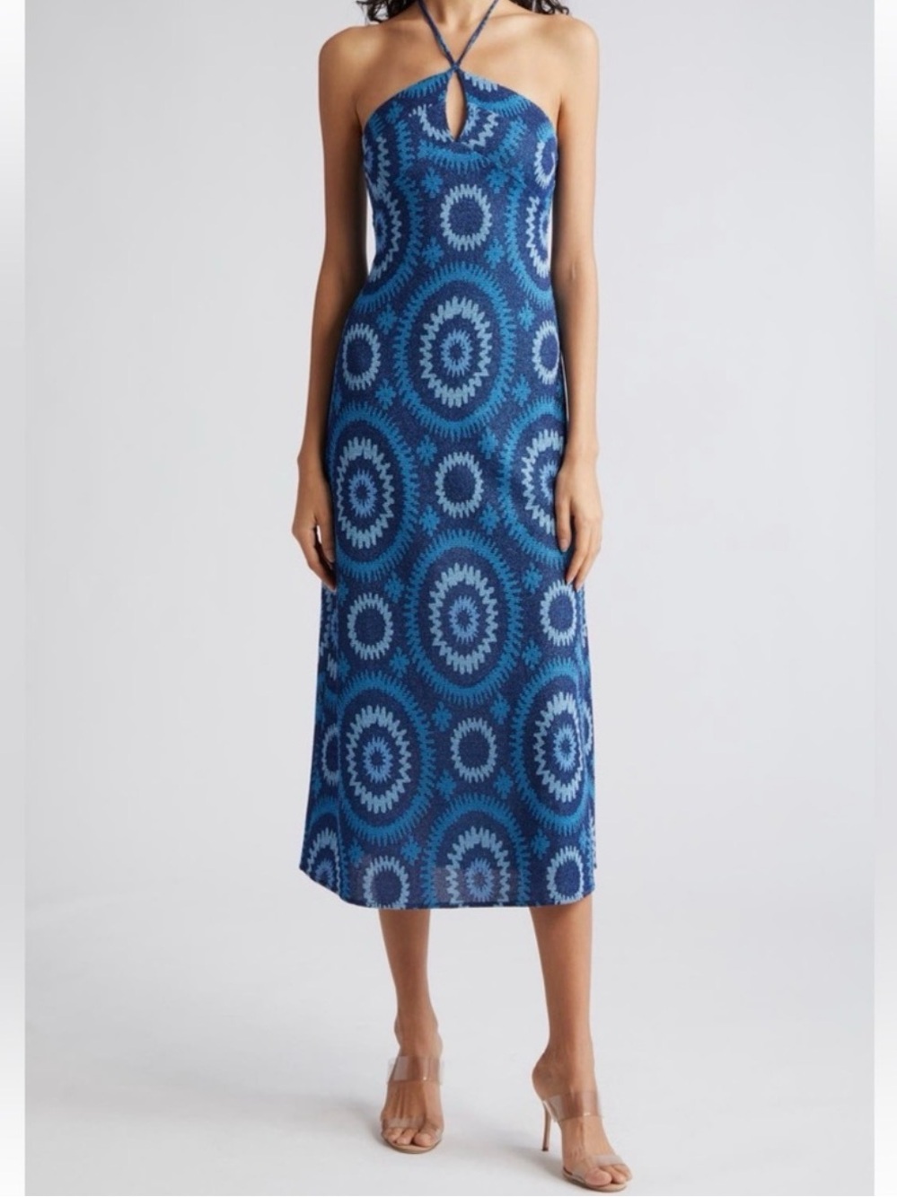 Ramy Brook Aya Blue Halter Midi Dress with Geometric Print